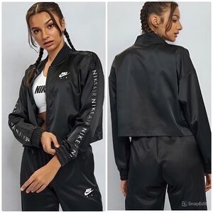 NIKE Black Thick Satin Logo Letter Sleeve Bomber Track Style Jacket SMALL